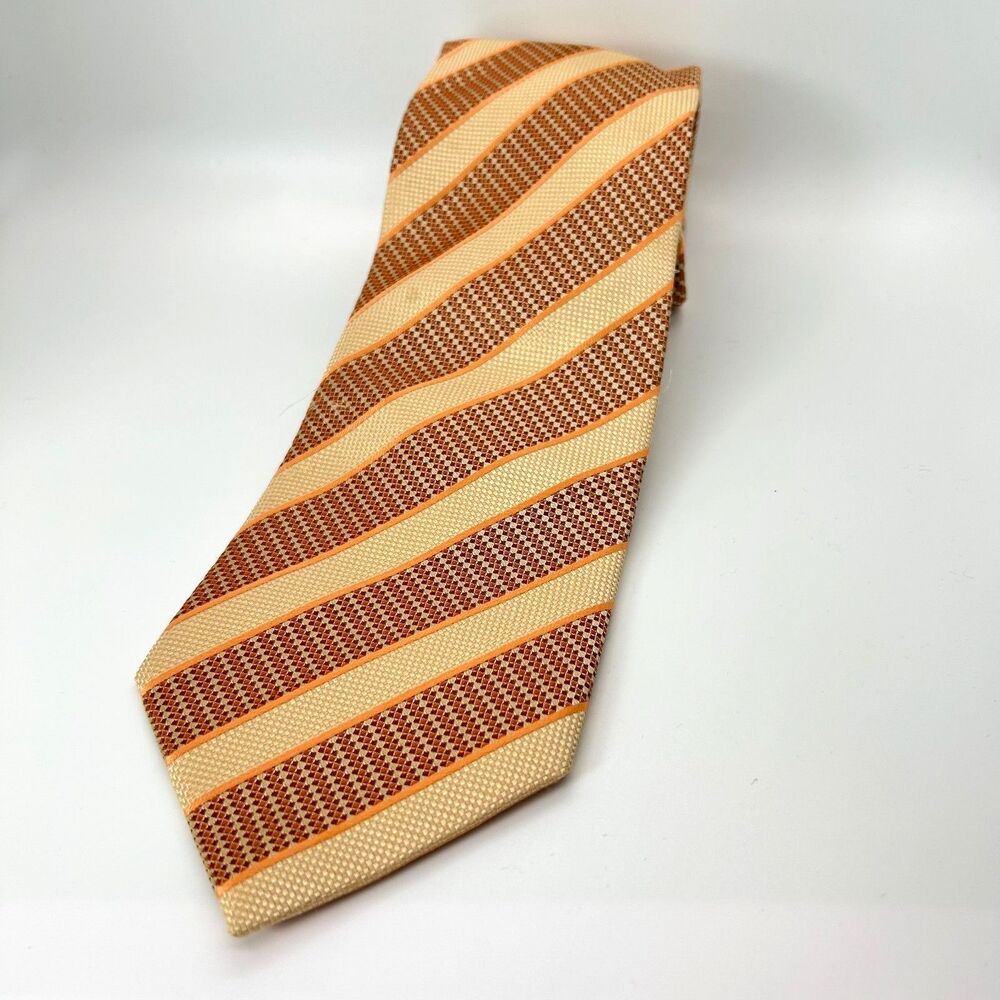 Vintage Dona/Dona Tan Orange Brown Diagonal Stripe 100% Silk Long Tie